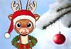 A cartoon reindeer, with a glowing red nose, a Santa hat, and a wreath around its neck. Talking Rudolph is written in the foreground. 