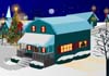 A family of 4 walks through the snow to attend a Christmas party at a snow-covered house.