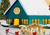 An illustration of a rural church, with snow on the ground, and Christmas bows on the fence in front of the church. A Christmas tree is on one side of the church, and a manger scene is on the other side. The words Silent Night are in the upper corner.