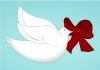 Three illustrated white doves are holding red bows in their mouths. Peace on Earth is written above them.