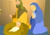 Mary and Joseph stand next to the manger with baby Jesus lying inside. 