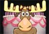 A cartoon moose with a huge pink and white birthday cake behind it. Talking Birthday Moose is written above it.