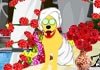 A yellow lab has a spa day. A towel is wrapped around her head and the body, with cucumber slices over her eyes. There are colorful flowers all around her.
