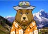 A large brown bear, wearing a Hawaiian shirt, and a bucket hat with fishing lures on it.