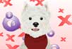 A Westie with a red bandanna. There are hearts in the background.