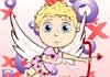 A cupid with fluffy blonde hair, and his arms crossed in front of his chest. 