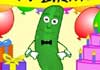 A cartoon pickle at a birthday party. It is wearing a bow tie, and has its hands on its hips. Talking Birthday Pickle appears in the foreground.