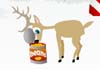 An illustration of a red nosed reindeer with a can of beans sitting on the ground in front of it. The reindeer appears to be stressed out, and the words Farting Reindeer are above it.