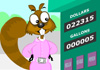 A squirrel putting gas in her car stares at the price of gas with alarm on her face.