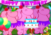 Three pink, hula-girl hippos, dressed in grass skirts, and party hats present a cake to the viewer. A top the cake sits a green parrot holding a red rose. 