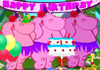In this cartoon birthday card, three pink, hula-girl hippos, dressed in grass skirts, and party hats present a cake to the viewer. A top the cake sits a green parrot holding a red rose. 