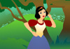 A princess bends down to pet a squirrel on the head.