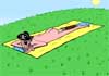 A cartoon man with a pirate hat and a peg leg is sunbathing on a towel. He’s lying on his stomach, and nude, so his naked butt is showing. 