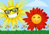 A big orange flower with a smiling face in the center of its bloom, and a smiling sun wearing sunglasses grin cheerfully at the viewer.