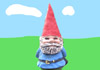 A garden gnome, with a pointy red hat, blue shirt, and big, grey, beard.