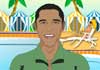 An illustrated Barack Obama smiles at the camera. Behind him are colorful cabanas and a swimming pool.