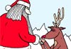 A Rubes by Leigh Ruben cartoon of Santa Claus with a reindeer kneeling on the ground in front of him. The reindeer is groveling, and kissing Santa’s hand.