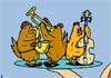 An all chicken band. Each chicken plays an instrument, saxophone, trumpet, and double bass.