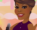 An illustration of Dionne Warwick in a lovely sequined dress. She's singing a birthday song into the microphone in front of her.