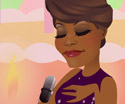 An illustrated Dionne Warwick, in a sparkling dress sings a birthday song into a microphone.