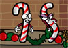 Two cartoon candy canes. The one on the left is male, and in the shape of a traditional candy cane. The candy cane on the right is female, and is leaning over seductively, which has bent her into an ‘S’ shape. The ecard title Randy Candy Canes appears above them.