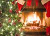 A Christmas tree with lights and ornaments. A brick fireplace is in the background, with a cozy fire lit inside of it, and red and white stockings hanging on the mantle. The words Christmas Love and Warmth are at the bottom.