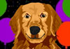 A cartoon golden retriever. The ecard title Talking New Year Retriever is written around the doggie.