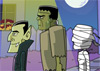 Frankenstein and Dracula face each other. Frankenstein is offering his index finger to Dracula, who is pulling on the offered finger.