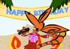 A cartoon fennec fox, dressed in a colorful outfit, and singing a birthday song into a microphone.