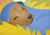 An illustrated manger scene with dogs instead of people. The canine Mary and Joseph solemnly look over the manger where the softly glowing puppy that represents Jesus is resting. The words Nativity Pups are written above them. 
