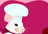 A cute white mouse in a chef's hat and jacket stirs a bowl of chocolate cake batter.