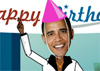 A photo of Barack Obama’s face, on a cartoon body. He is wearing a white disco suit, dancing, and carrying a large birthday cake.