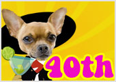Photographs of a chihuahua, Boston terrier, and cat’s faces. They are dressed in cartoon mariachi outfits and sombreros. The chihuahua is holding a margarita, the Boston terrier is holding a guitar and the cat is playing a trumpet. The ecard title Mariachi 40th Birthday is above them.