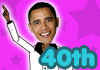 Barak Obama wearing a white, button-up shirt, with a wide black collar in the style of a disco dancer. He is carrying a birthday cake, and dancing.