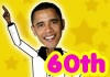 Barak Obama wearing a white, button-up shirt, with a wide black collar in the style of a disco dancer. He is carrying a birthday cake, and dancing.