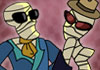 An invisible couple. They're both wrapped in bandages. The man is wearing sunglasses, a blue rode, and blue lounge pants. The woman is wearing a fedora, sunglasses, and stripping off her robe.