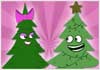 Two cartoon Christmas trees with faces. The darker green tree on the left has a purple bow around the top of the tree. It’s wearing purple eyeshadow, and red lipstick. It’s giving the tree on the right a flirty look. The light green tree on the right has an excited look on its face. Naughty Christmas Trees is written above them.