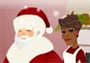 An illustrated Dionne Warwick offering a plate of Christmas cookies to Santa Claus. The ecard title Dionne’s Christmas Cookie Magic is written above them.