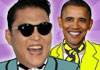 A photo of South Korean singer PSY’s face, on a cartoon body in a pose from the song Gangnam Style. He is next to a birthday cake. In the background a photo of Barack Obama’s face on a cartoon body watches him with a shocked look on his face. 