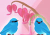 three bluebirds surround a vase full of colorful flowers, while another bluebird flits around the bouquet.