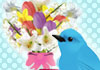 Three bluebirds are the stars of this classic birthday ecard. They flit around an open envelope that they are filling with colorful flowers. There is another beautiful bluebird sitting in the foreground watching its frolicking friends.