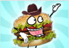 A hamburger, pink cupcake, and pickle, all have cartoon faces, and are wearing cowboy boots. The hamburger and pickle are wearing party hats, while the cupcake has a candle. The pickle is playing the piano. The ecard title Honky Tonk Hamburger is written above the characters. 