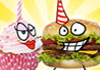 A hamburger, pink cupcake, and pickle, all have cartoon faces, and are wearing cowboy boots. The hamburger and pickle are wearing party hats, while the cupcake has a candle. The pickle is playing the piano. The title of this cartoon ecard is written above the characters. 