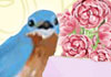 A cheerful little bluebird perches on the lip of a vase filled with big pink peonies. The ecard title 70th Birthday Peony Bouquet is written in the foreground.