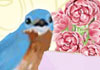 A cheerful little bluebird perches on the lip of a vase filled with big pink peonies.