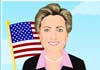 An illustration of Hillary Clinton, smiling broadly with an American flag behind her.