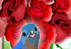 A bouquet of red roses sits in front of a window. A cute bluebird perches on the table in front of the vase.