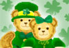 Two old-fashioned teddy bears dance on the bar in a tavern. One is wearing a green suit jacket, and the other is wearing a green dress. They are smiling cheerfully at the viewer.
