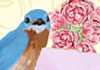 A bluebird stands in front of a huge bouquet of pink flowers.