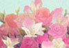 A bunny in a beret and smock shows off its painting. It's a huge bouquet done in soft pastel colors.